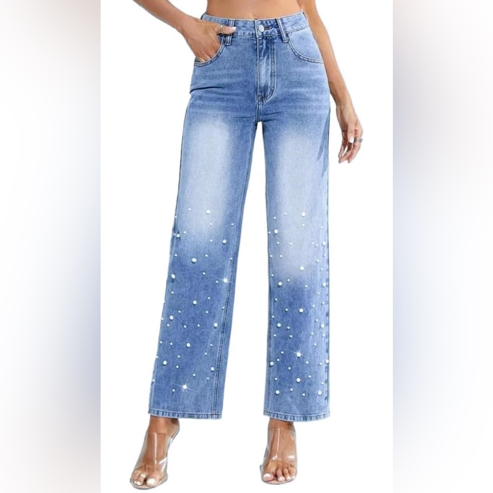 Women's Blue Pearl & Rhinestone Embellished Jeans